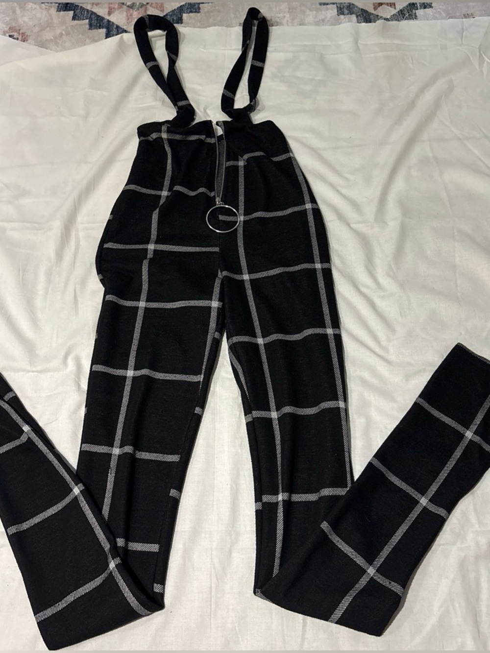 Black Windowpane Pattern Suspender Pants